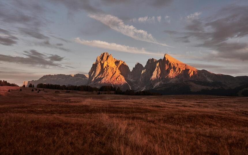 View of Langkofel and Plattkofel in the red evening light