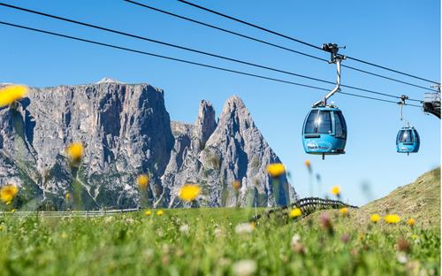 Hikers and sports enthusiasts with the cable car to the Seiser Alm in the Dolomites