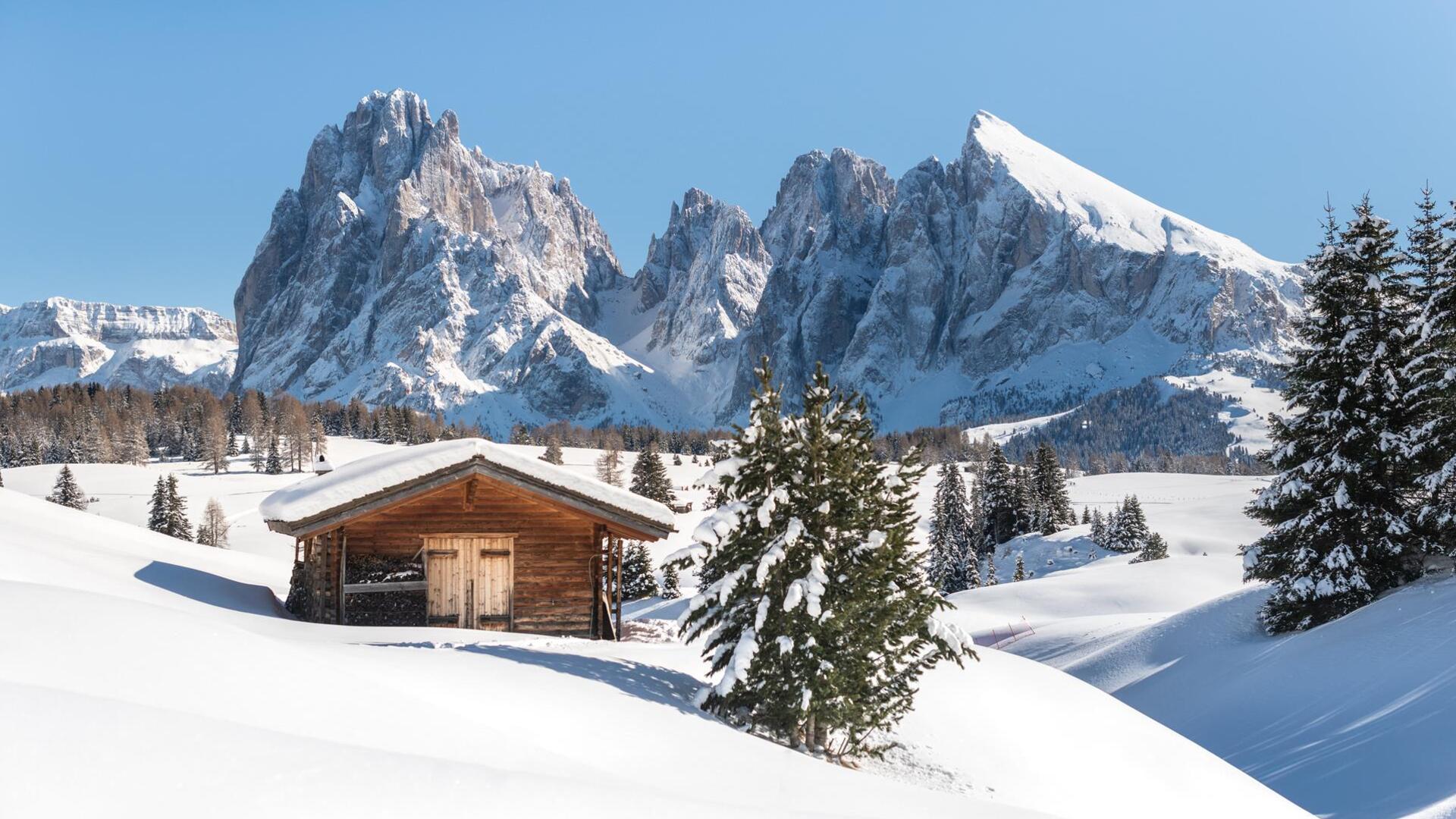Vista sul Sassolungo e sul Sasso Piatto innevati