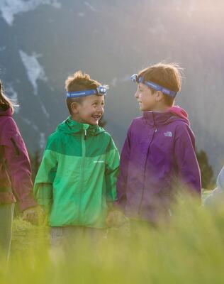 Vier Kinder halten sich an den Händen und entdecken die Natur mit Stirnlampen
