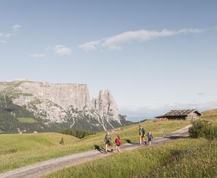 Eine Familie mit zwei Kindern wandert, im Hintergrund der Schlern