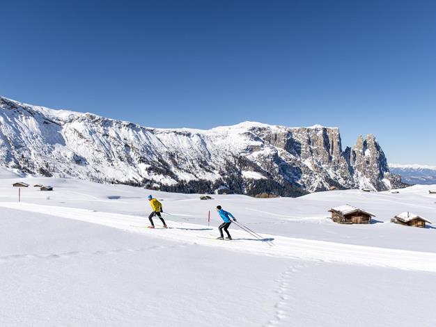 Sci di fondo sull'Alpe di Siusi in Trentino Alto Adige con panorama dello Sciliar