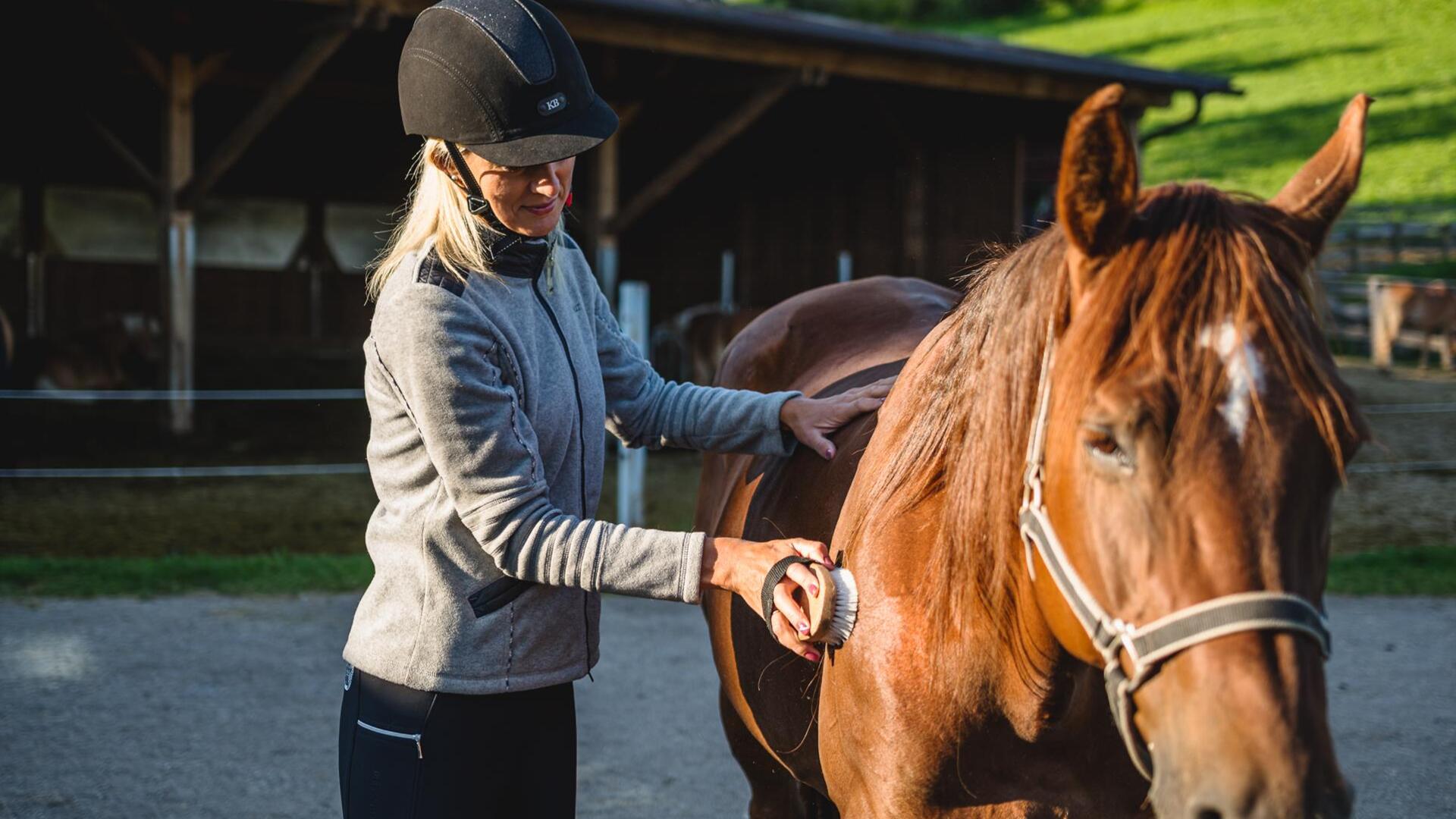 Eine Frau striegelt ein Pferd