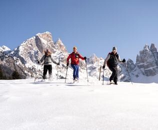 Eine Gruppe von Personen beim Schneeschuhwandern
