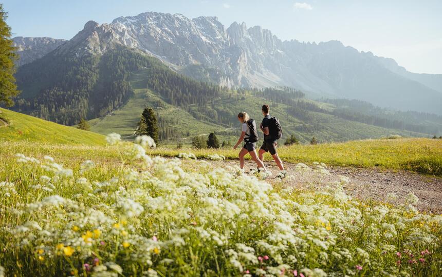 Un uomo e una donna stanno facendo un’escursione; sullo sfondo si erge il Rosengarten