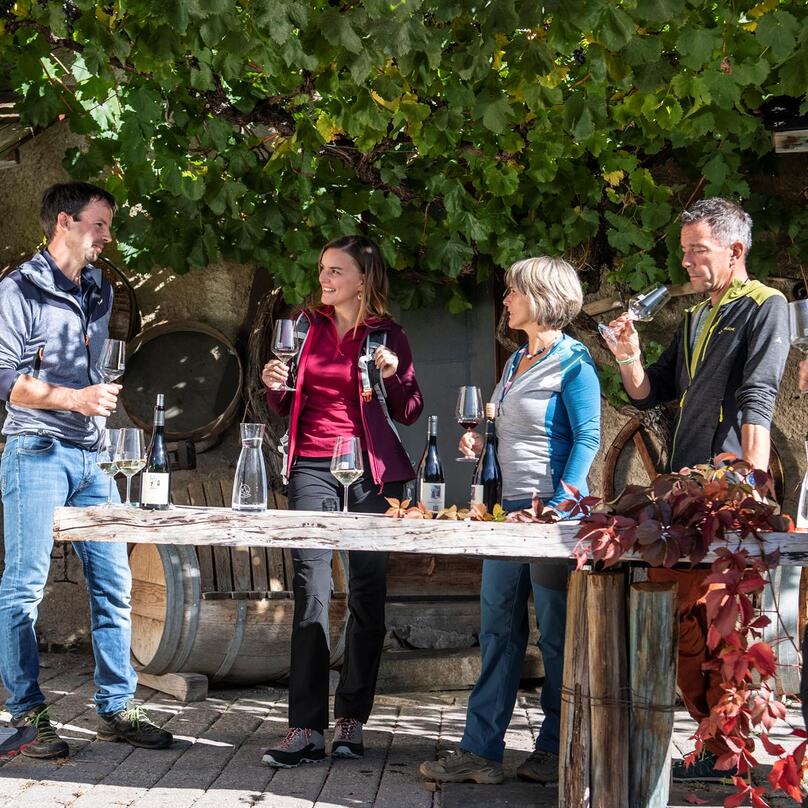 Eine Gruppe von Personen trinkt ein Glas Rotwein