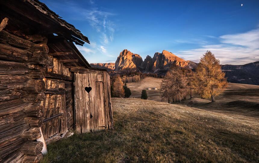 View of Langkofel and Plattkofel in the red evening light