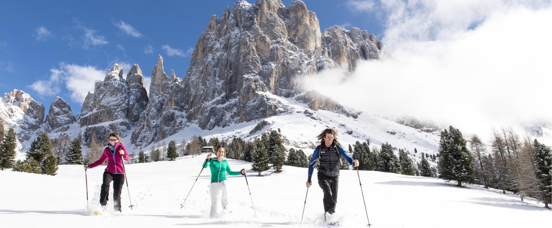 Snowshoeing in the snowy Dolomites and Seiser Alm