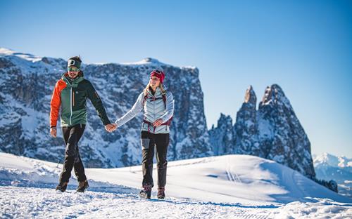 Winter hiking on the Seiser Alm in the Dolomites