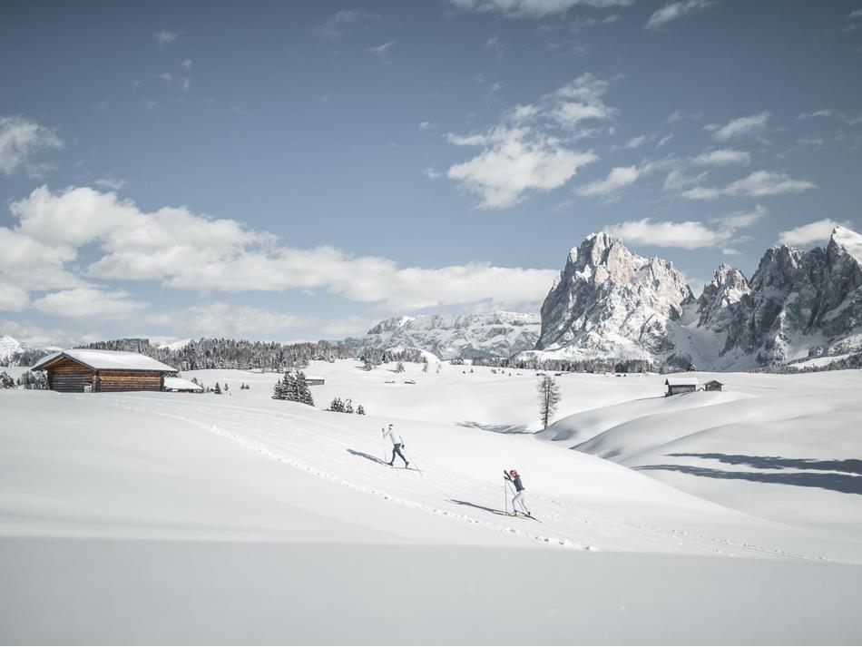 Sci di fondo invernale sull'Alpe di Siusi, sullo sfondo il Sassolungo e il Sassopiatto
