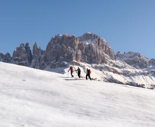 Eine Gruppe von Personen beim Schneeschuhwandern