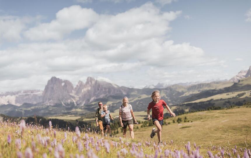 A family with two children hiking