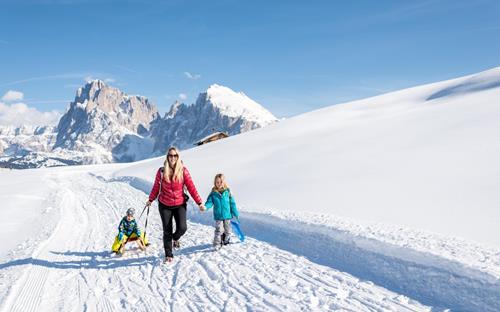 Sledding on the largest high alpine pasture in Europe the Seiser Alm in the Dolomites